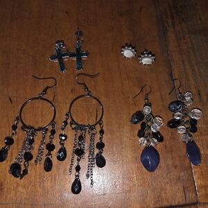 Retro Vintage Earrings Lot 3 Faux Aabalone Inlay Cross, Studs & Dangle Earrings